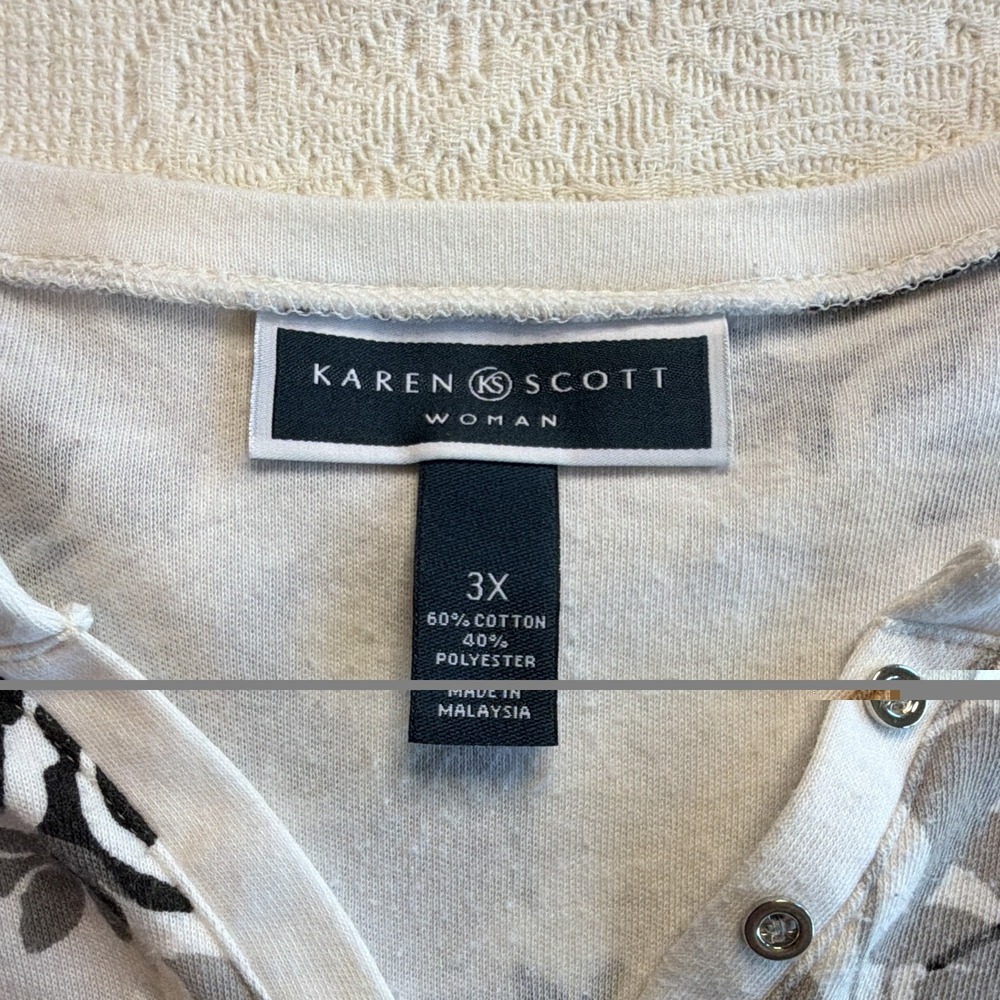 Karen Scott Women’s Plus 3X White Gray Black Floral Knit Henley 3/4 Sleeve Top - Picture 2 of 7